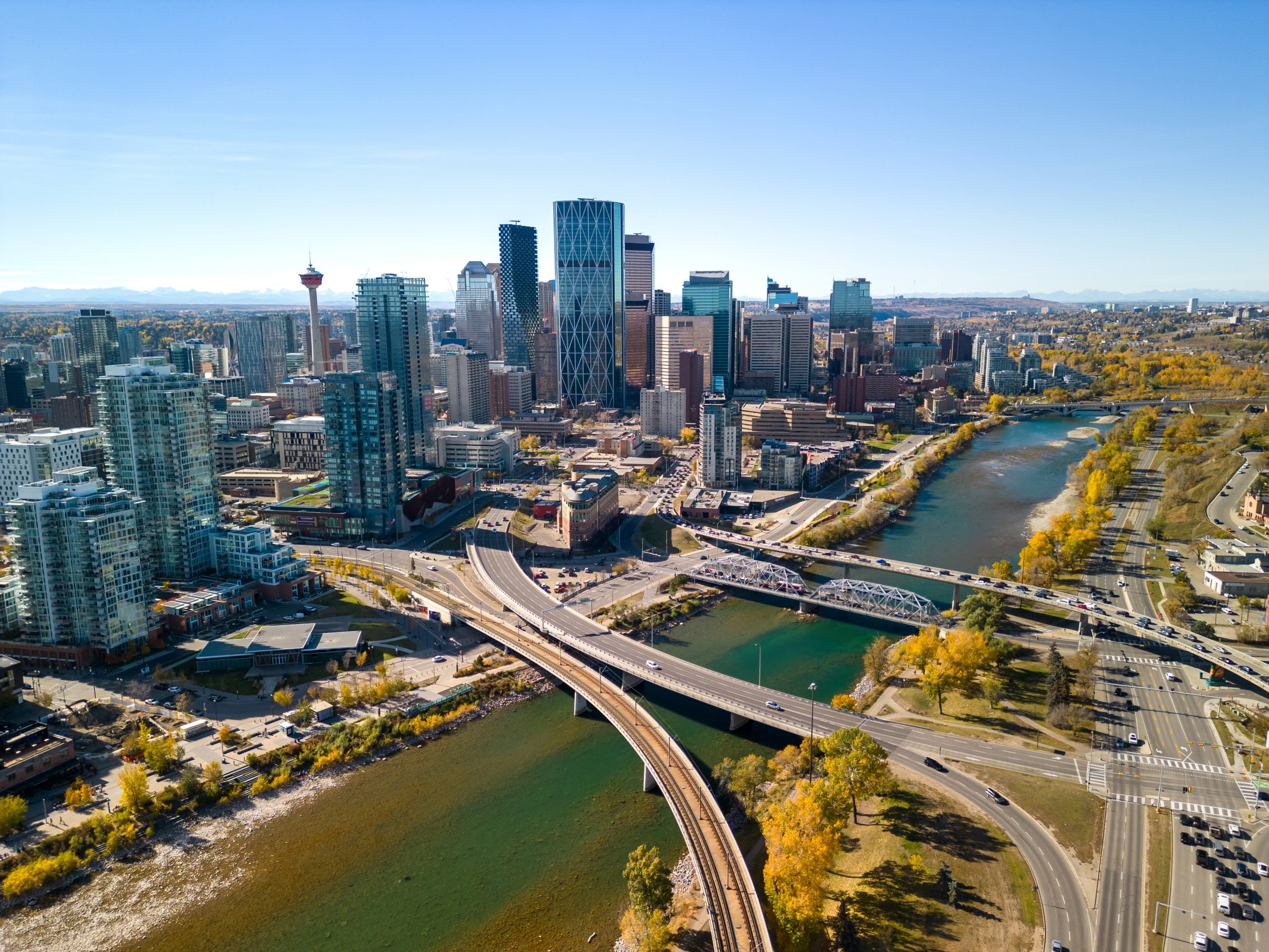 Downtown,Calgary,Skyline,And,Bow,River,In,Autumn,Season.,Aerial